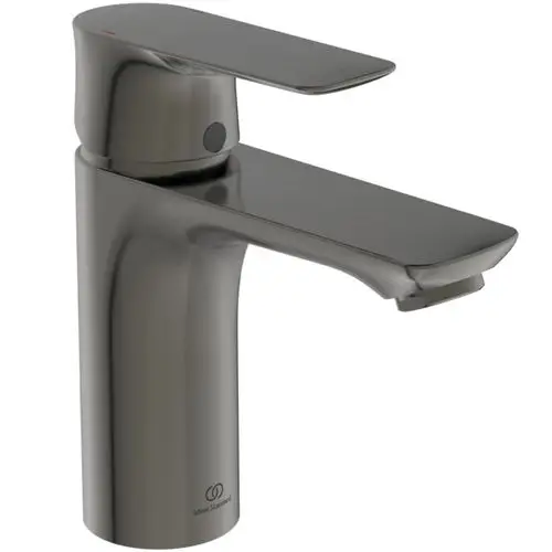 Ein moderner Wasserhahn in Metallic-Grau von Ideal Standard, mit einer flachen Auslauf- und Hebelgestaltung, für zentrale Wasserentnahme.